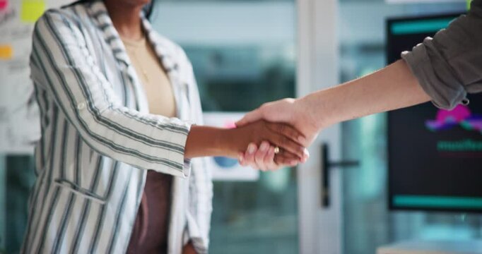 Creative, meeting and people with shaking hands in office for advertising campaign deal, project success and offer. Digital marketing, B2B collaboration and handshake for brand sponsorship or welcome