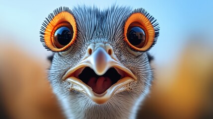 Baby ostrich with big eyes and a big smile. The bird is looking at the camera and he is happy