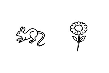 Simple Outlined Mouse And Flower Isolated On White Background Design Element