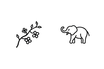 Minimalist Line Art Depicting An Elephant And Floral Branch On White Background