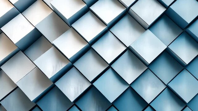 Textured geometric pattern of three dimensional cubes in blue and silver, showcasing modern design with depth and movement, featuring dynamic arrangements and artistic diamond shapes.