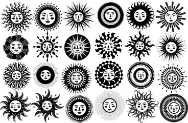 boho sun burst  medallions, bohemian black and white solar  faces,  vector illustration graphic design collection