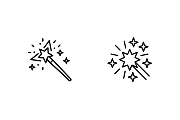 Magic Wand Icon Set With Sparkles,Fairy Tale Illustrations,Line Art Design