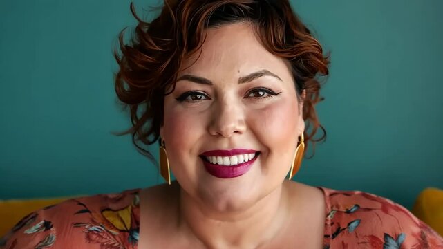 A woman with a large bust is sitting on a couch. She is wearing a pink floral shirt and has red lipstick on