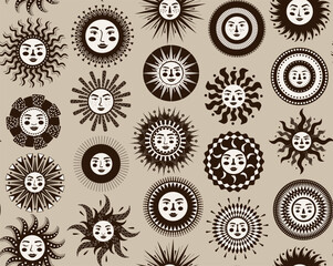 beige and brown  boho bohemian celestial sun faces seamless pattern , vector illustration repeat design print