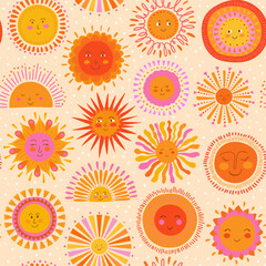 cute fun smiling sun faces seamless pattern , vector illustration repeat design