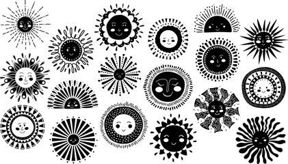 black and white cartoon adorable naive scandi boho sunsunburst sunshine faces vector illustration graphic set