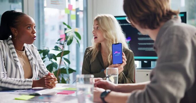 Business, people or phone screen in meeting for app development, UI prototype usability or software launch. UX developer, investors or pitch for user interface design, homepage review or presentation