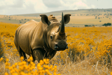 Majestic Black Rhino in Golden Savanna – Wildlife Photography