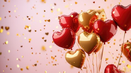 A festive arrangement of red and gold heart-shaped balloons with ribbons
