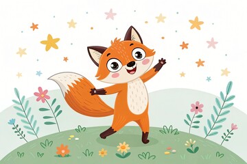 Fototapeta premium Adorable Cartoon Fox in Flowery Meadow Happy Animal Illustration Springtime Nature Scene