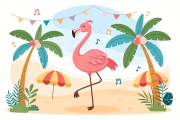Happy Flamingo Dancing on Tropical Beach Summer Vacation Illustration