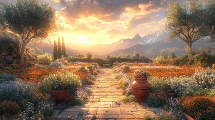Serene Sunset Garden: A picturesque landscape of a blooming garden path leading to majestic mountains at sunset.