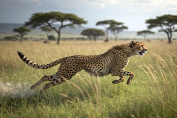 Cheetah Running Through African Savanna Grassland at Sunset
