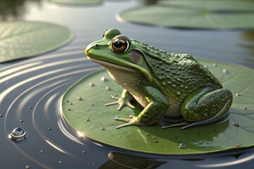 Fototapeta premium Green Frog Resting on Lily Pad in Pond Nature Wildlife Amphibian Photography