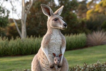 Red Kangaroo Mother Protecting Joey in Lush Green Parkland