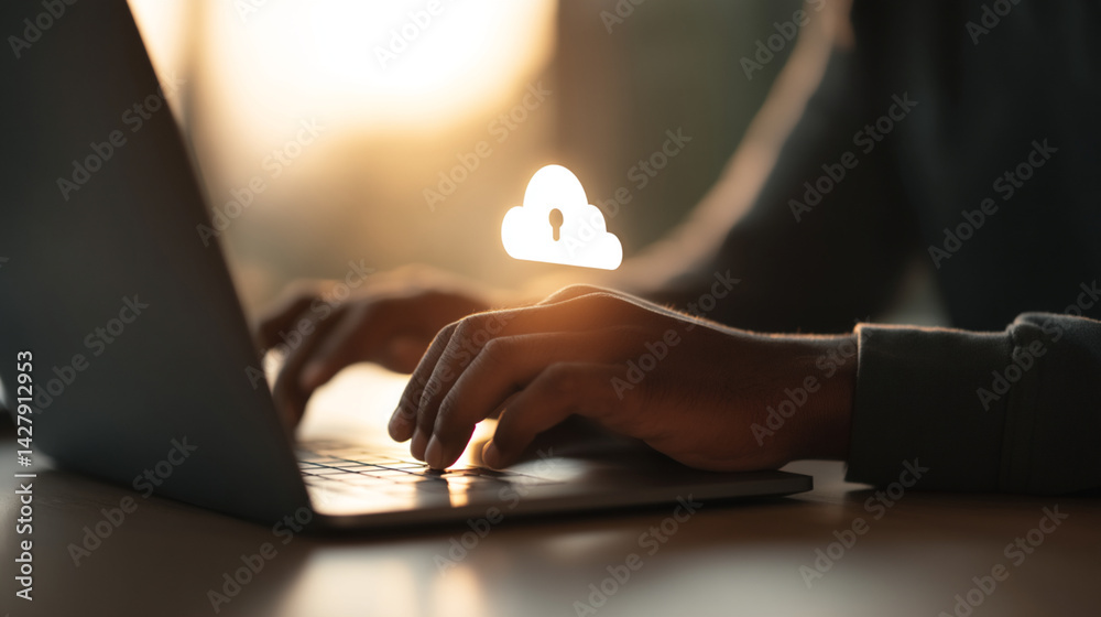 Poster cloud security data protection concept person working on laptop for secure cloud computing access