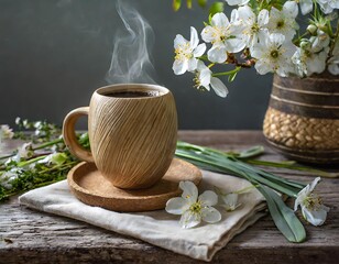 A relaxing morning with hot coffee and fresh flowers near a serene view of nature. Generative AI.