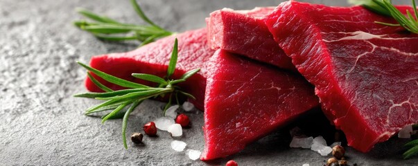 Panorama of fresh pet food with high-quality meat concept. Fresh slices of meat garnished with herbs and seasoning.