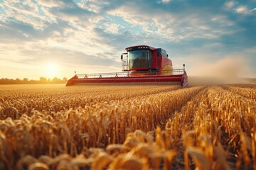 Fototapeta premium Harvesting wheat at sunset with a combine harvester in a golden field under a dramatic sky