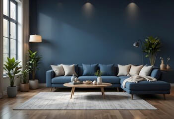 A modern cozy living room interior design with a navy blue wall background, warm ambient lighting, 3d render. 