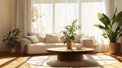 Fototapeta premium Bright living room with large windows, sheer curtains, and potted plants