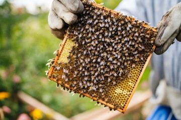 Beekeeper Holding Honeycomb Frame Outdoors