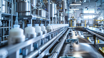 Automated milk production line in modern dairy factory, showcasing efficiency and technology