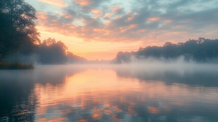Misty Sunrise Lake Reflection