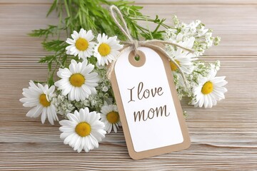 Obraz premium A flat layout with a clean paper tag tied to flowers that reads I love you mom