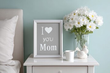 A framed photo with I love you mom message standing on a bedside table