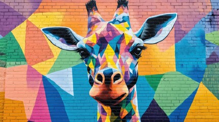 A colorful mural on a brick wall depicts a vibrant, geometric giraffe.