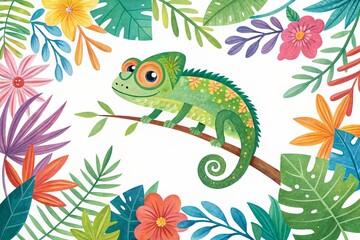 Obraz premium Adorable Chameleon on Branch amidst Vibrant Tropical Flowers and Lush Leaves