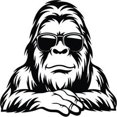 Cool Bigfoot Wearing Sunglasses, Black and White Silhouette, Hairy Creature, Relaxed Pose