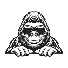 Cartoon Gorilla with Sunglasses, Strong Mascot, Black and White Isolated Primate