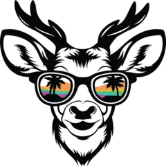 Fototapete Hipster Tiere Stylized Deer Head Black Silhouette Wearing Sunglasses Reflecting Tropical  © bipasha