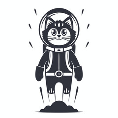 Minimalist Silhouette Cartoon Cat Astronaut in Space Suit Taking off, Smoke Trails
