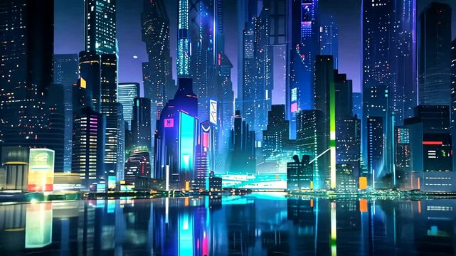 Futuristic city skyline reflecting, neon lights, night, digital art, background, website banner