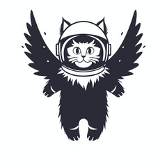 Fototapeta premium Silhouette Cat Astronaut With Wings, Space Helmet, Fluffy Body on White Backdrop