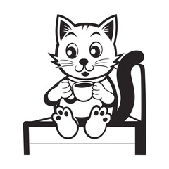Black and White Cute Cat Cartoon Sitting Holding Cup on Chair, Style