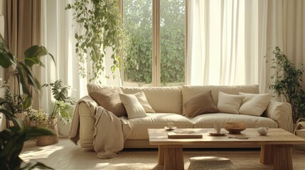 Bright living room with large windows, sheer curtains, and potted plants