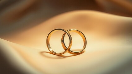 Two gold rings lie on silky fabric, creating a sense of sophistication and love. Soft lighting emphasizes their shine. A symbol of unity, fidelity and romance.