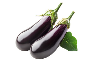 Fresh eggplants with leaves, isolated on white transparent background, concept of healthy eating.