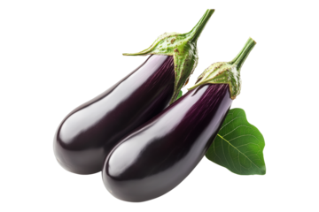 Fresh eggplants with leaves, isolated on white transparent background, concept of healthy eating.