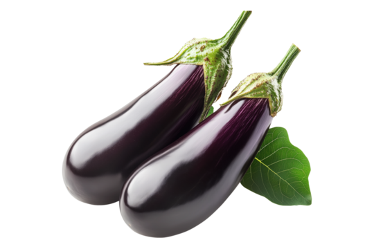 Fresh eggplants with leaves, isolated on white transparent background, concept of healthy eating.