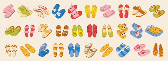 Big set female summer shoes. Sandals, mules, ballet flats, flip-flops. Stylish modern design. Flat hand drawn colorful vector illustration isolated on white background. 