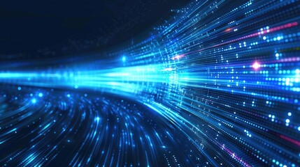 Obraz premium Abstract blue digital network background with lines and nodes. Digital artwork of glowing digital wave waving and flowing at black background. Technology innovation and data visualization. AIG55.