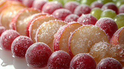 Freshly sliced fruit garnished with frost on a white surface
