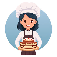 Cute Bakery chef girl Holding a cake smiling cartoon art illustration