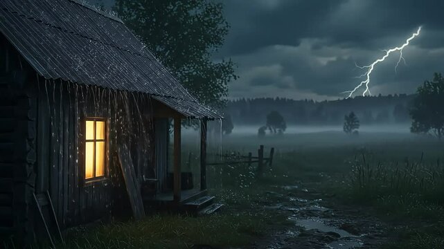 Secluded Cabin Illuminates a Stormy Night with Lightning Strikes and Heavy Rain